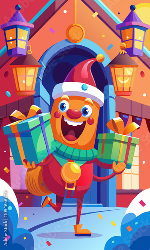 Funny colorful monster bringing presents and joy to a beautifully decorated home. Joyful creature arriving at warm festive house with gifts and decorations