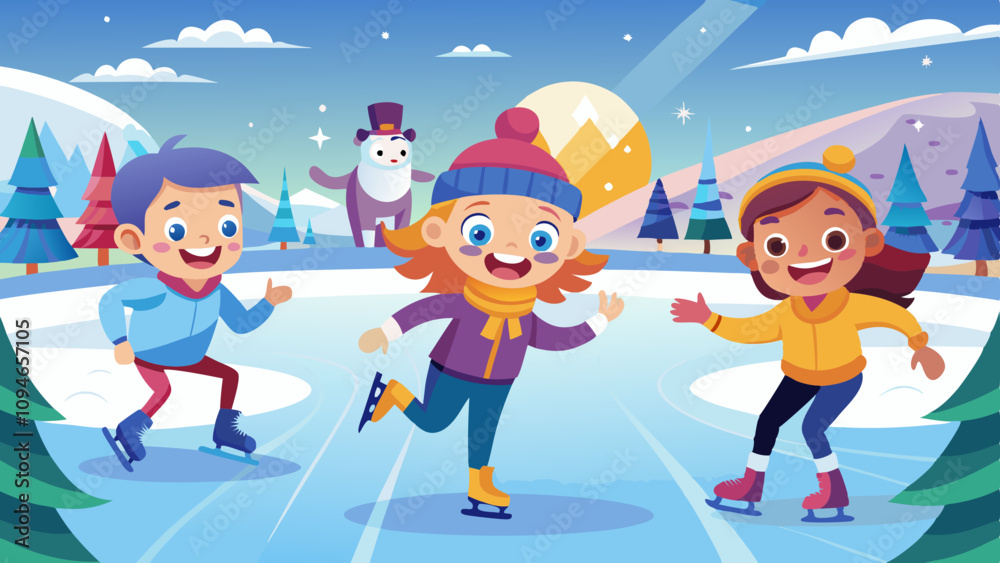 Fototapeta premium Excited children skating on ice rink, joyful faces in snowy landscape, winter fun activity in frosty outdoors