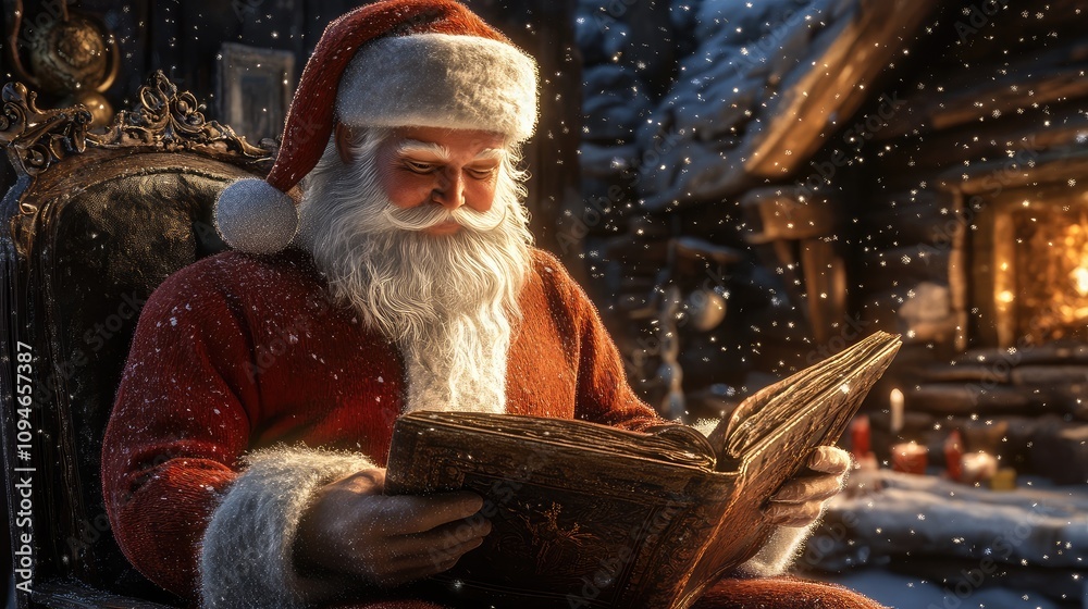Santa sits warmly by the fireplace, examining his nice and naughty list while snow gently falls outside Santa sits warmly by the fireplace, examining his nice and naughty list while snow gently falls outside