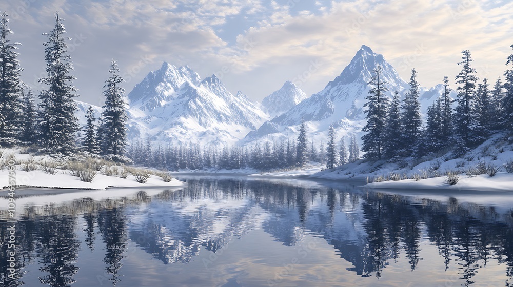 A tranquil winter scene with snowy peaks reflected in the still waters of a nearby lake. A tranquil winter scene with snowy peaks reflected in the still waters of a nearby lake.