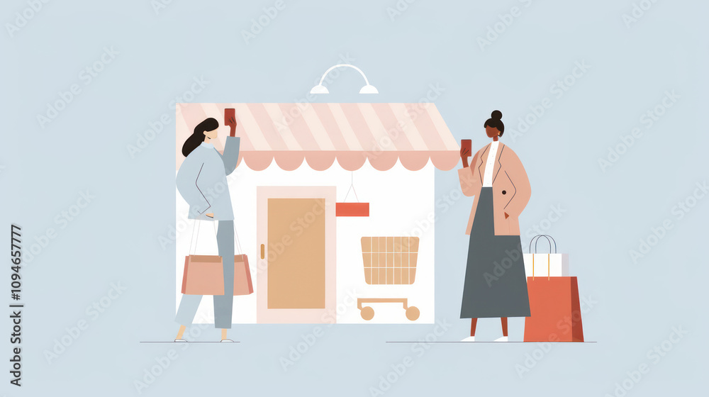 Stylish women shopping in a modern retail environment, engaged with smartphones, showcasing a vibrant and trendy consumer lifestyle with shopping bags.