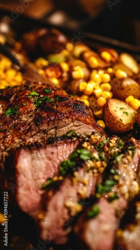 Close-up of hornado with perfectly roasted pork, corn, and potatoes in a rustic kitchen atmosphere photo