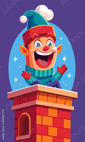 Cheerful character stuck halfway down a chimney, bringing holiday surprise and joy in a humorous vector scene. Playful holiday scene with festive chimney surprise