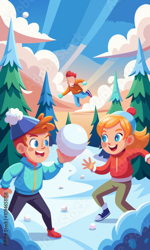 Snowball fight between kids in snow-covered forest. Fun winter activity with competitive kids enjoying outdoor play.
