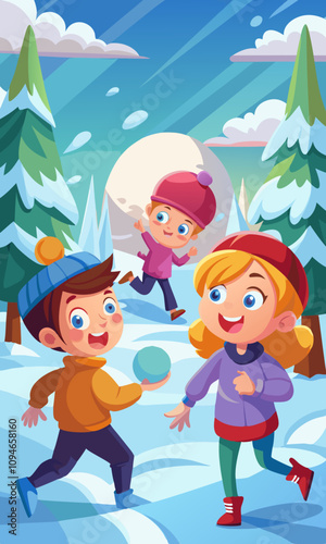 Snowball fight between kids in snow-covered forest. Fun winter activity with competitive kids enjoying outdoor play.
