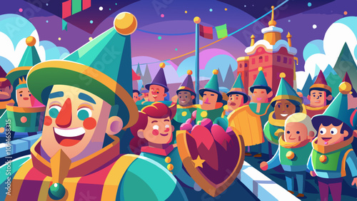 Festive parade scene with animated faces of spectators and performers celebrating together in joyful holiday spirit, colorful floats and lively atmosphere.
