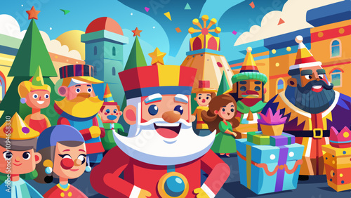 Festive parade scene with animated faces of spectators and performers celebrating together in joyful holiday spirit, colorful floats and lively atmosphere.
