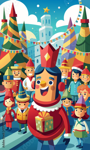 Festive parade scene with animated faces of spectators and performers celebrating together in joyful holiday spirit, colorful floats and lively atmosphere.
