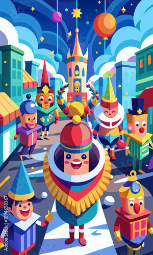 Festive parade scene with animated faces of spectators and performers celebrating together in joyful holiday spirit, colorful floats and lively atmosphere.
