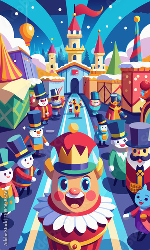 Festive parade scene with animated faces of spectators and performers celebrating together in joyful holiday spirit, colorful floats and lively atmosphere.
