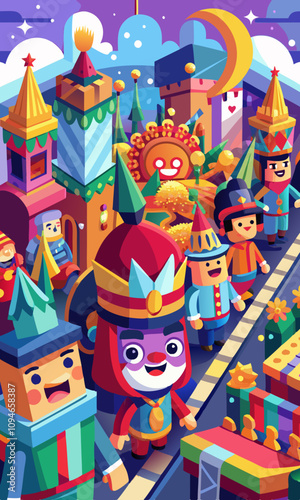 Festive parade scene with animated faces of spectators and performers celebrating together in joyful holiday spirit, colorful floats and lively atmosphere.
