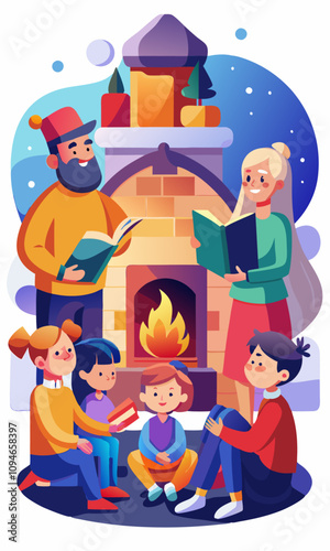 Family gathered around a fireplace enjoying a storyteller's festive tale. 3D characters with faces full of wonder listening to a cozy, heartwarming story.