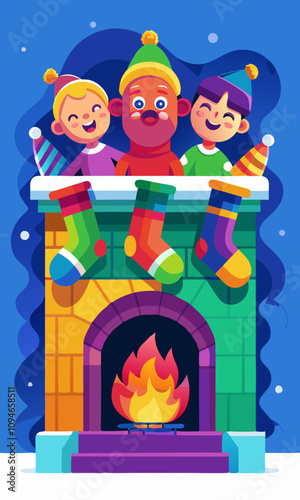 Excited family peeking into colorful stockings on 3D fireplace mantel. Joyful family members enjoying festive moments, exploring gifts in stockings.
