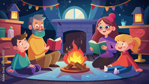 Family gathered around a fireplace enjoying a storyteller's festive tale. 3D characters with faces full of wonder listening to a cozy, heartwarming story.