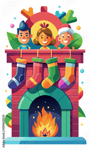 Excited family peeking into colorful stockings on 3D fireplace mantel. Joyful family members enjoying festive moments, exploring gifts in stockings.
