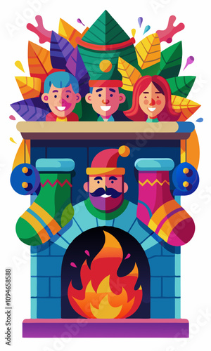 Excited family peeking into colorful stockings on 3D fireplace mantel. Joyful family members enjoying festive moments, exploring gifts in stockings.
