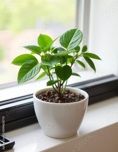 smart Aqua Plant in a Ceramic Pot A small lush plant in a white