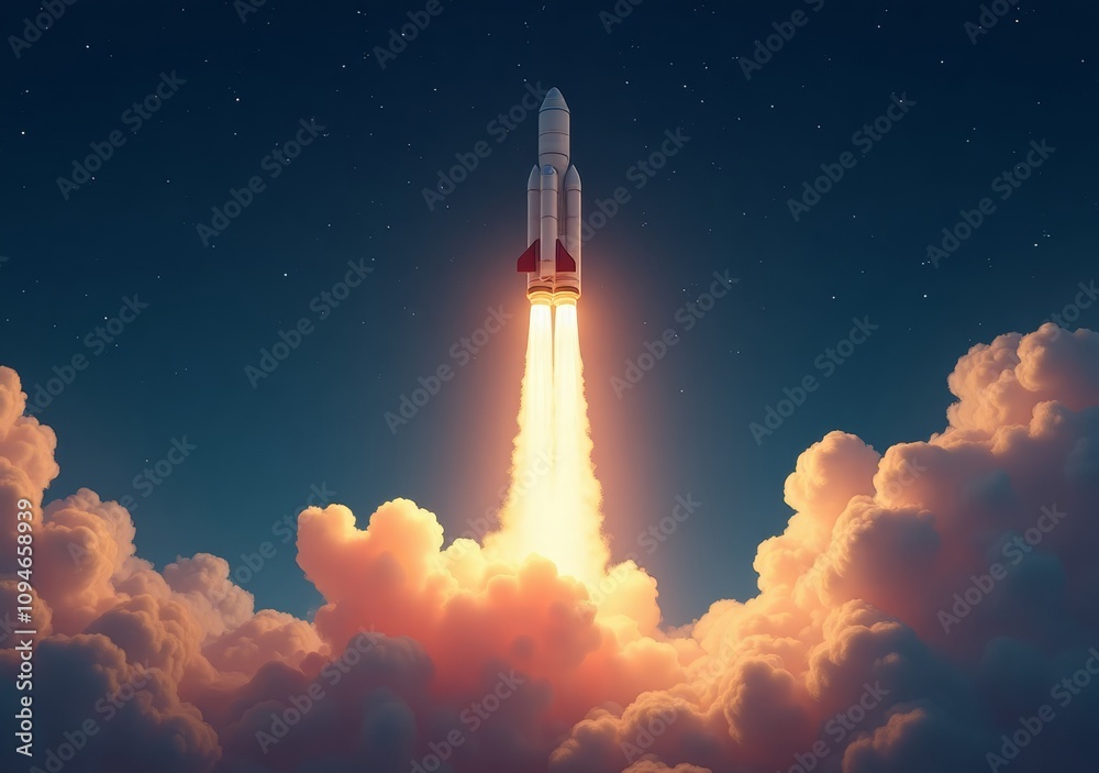 Fototapeta premium Rocket launches into the night sky, illuminating clouds with bright flames and smoke