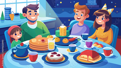 Family enjoying breakfast together at festive table, celebrating holiday morning with cheerful vibes, delicious food, and warm family moments.
