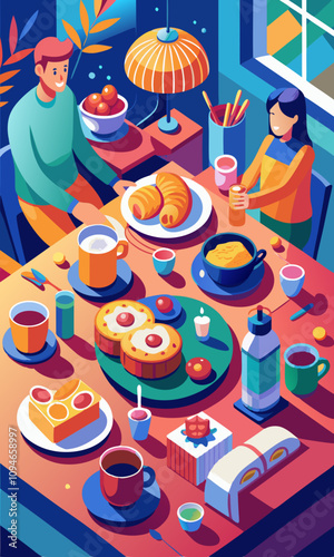 Family enjoying breakfast together at festive table, celebrating holiday morning with cheerful vibes, delicious food, and warm family moments.
