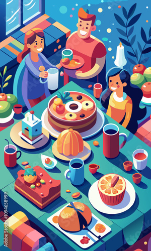 Family enjoying breakfast together at festive table, celebrating holiday morning with cheerful vibes, delicious food, and warm family moments.
