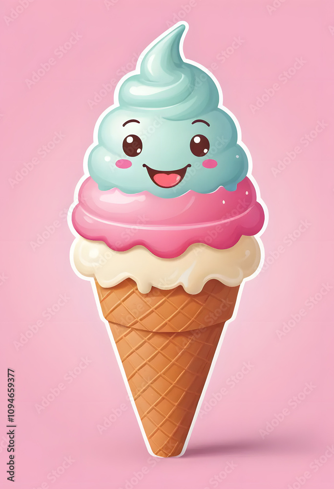 Cute cartoon ice cream cone with smiling face and pastel colors on a pink background Cute cartoon ice cream cone with smiling face and pastel colors on a pink background