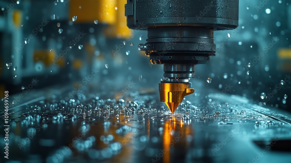 Close-up of a CNC Machine Drilling a Metal Surface with Sparks and Coolant Spray Close-up of a CNC Machine Drilling a Metal Surface with Sparks and Coolant Spray
