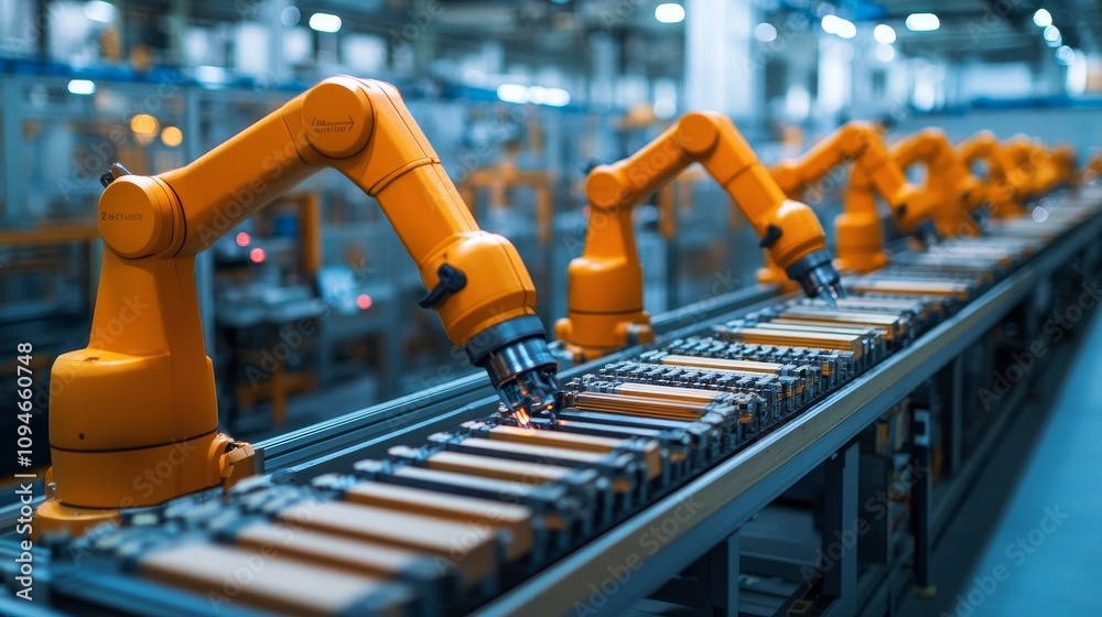 Naklejka premium Automated Manufacturing Line with Robotic Arms Assembling Products