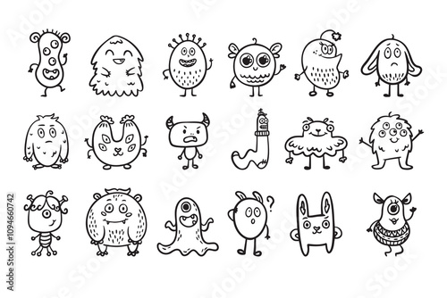Monster alien doodle set, funny and cutes monster, hand drawn cartoon line monsters.