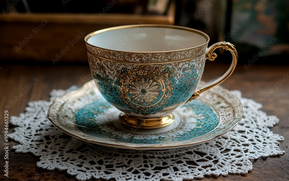Ornate teal and gold teacup and saucer on a lace doily. Ornate teal and gold teacup and saucer on a lace doily.