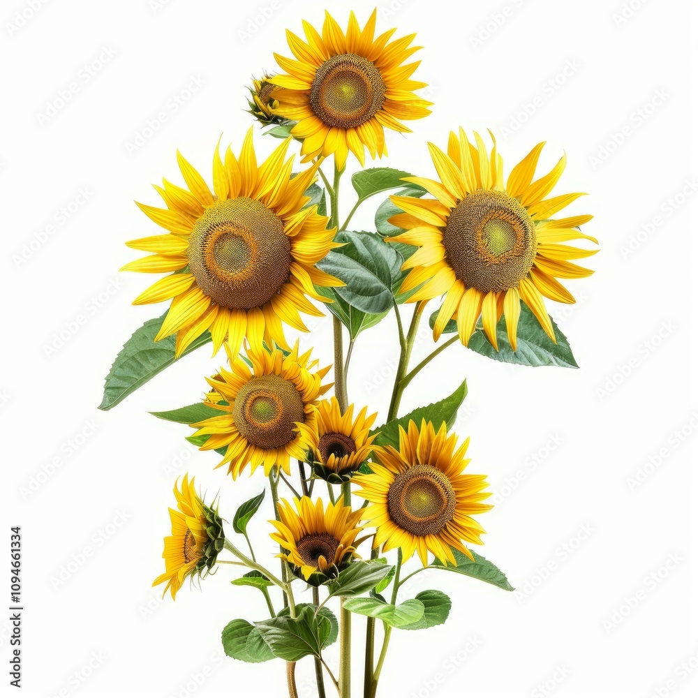 Fototapeta premium Bouquet of sunflowers blooming with green leaves isolated on a white background