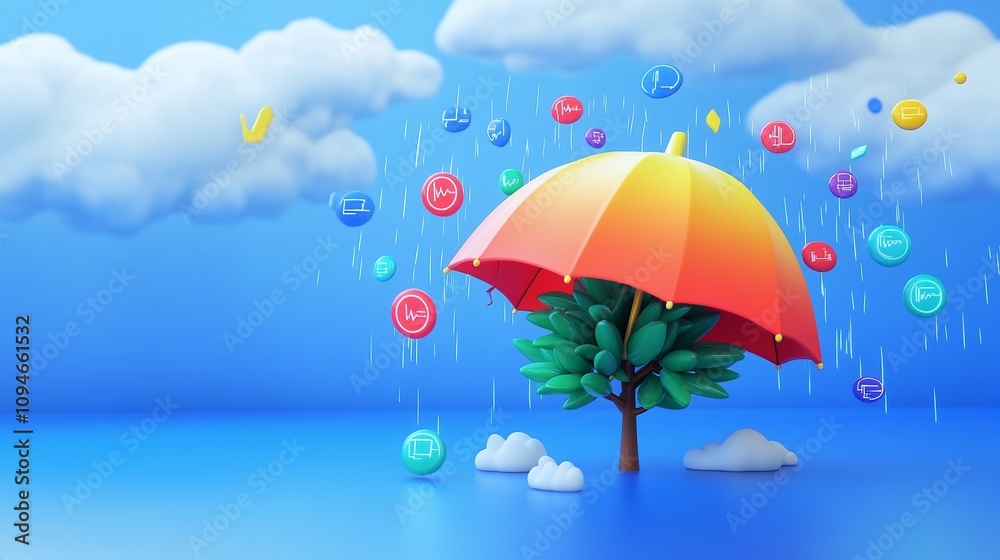 Umbrella Protecting Sapling from Data Rain in 3D Render Umbrella Protecting Sapling from Data Rain in 3D Render