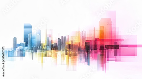 Colorful 3d cityscape with floating spheres under blue sky