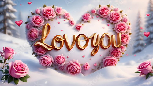 Close-up pictures of A golden red heart with the word “LOVE” surrounded by pink roses on a winter background. heart 10