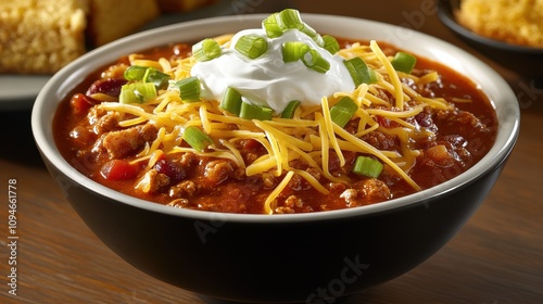 A bowl filled with warm chili featuring red beans, cheese, and fresh green onions, topped with a dollop of sour cream and accompanied by crispy bread for a comforting meal.