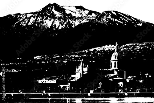 Vettoriale vulcano Etna innevato, con il paese di Riposto e il suo porto in primo piano