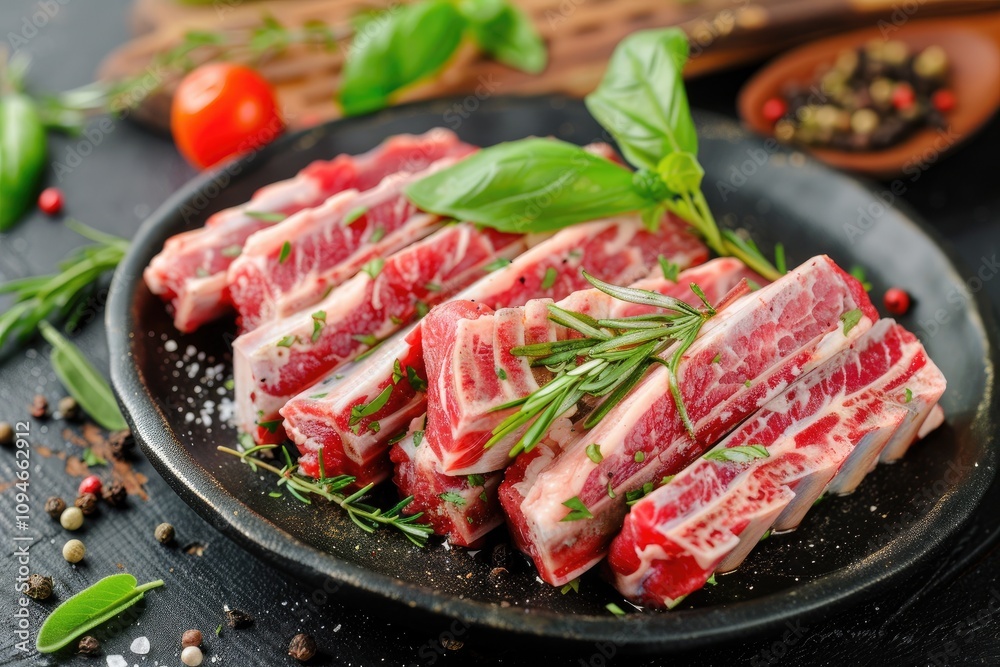 Fresh, seasoned beef short ribs ready to cook. Perfect for showcasing recipes or the culinary arts. Fresh, seasoned beef short ribs ready to cook. Perfect for showcasing recipes or the culinary arts.