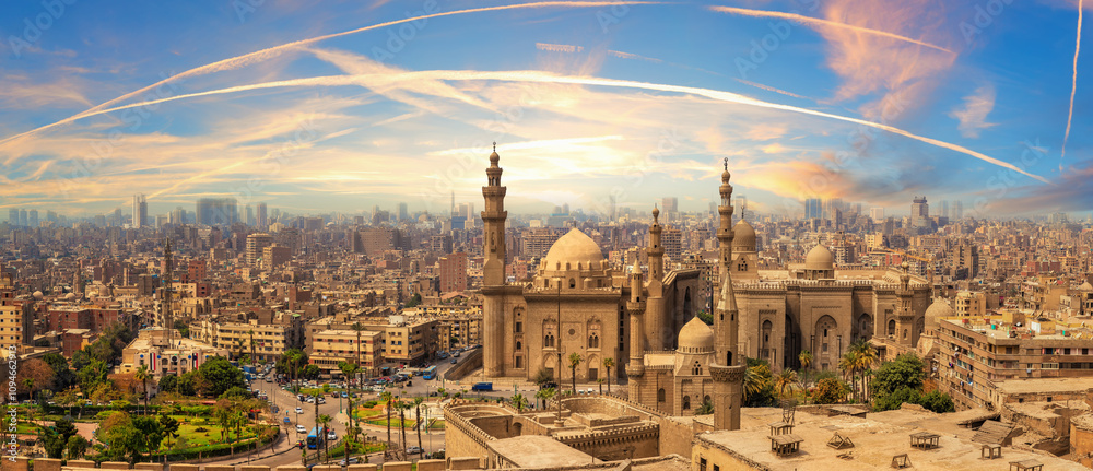 Sunset panorama from Cairo Citadel with the Mosque-Madrassa of Sultan Hassan, Egypt