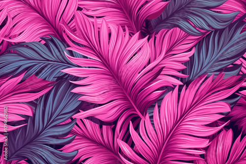 Illustration of lilac and blue tropical leaves, creative backdrop.