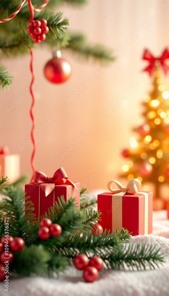 Christmas presents under a pine branch with a blurred Christmas tree in the background. Christmas presents under a pine branch with a blurred Christmas tree in the background.