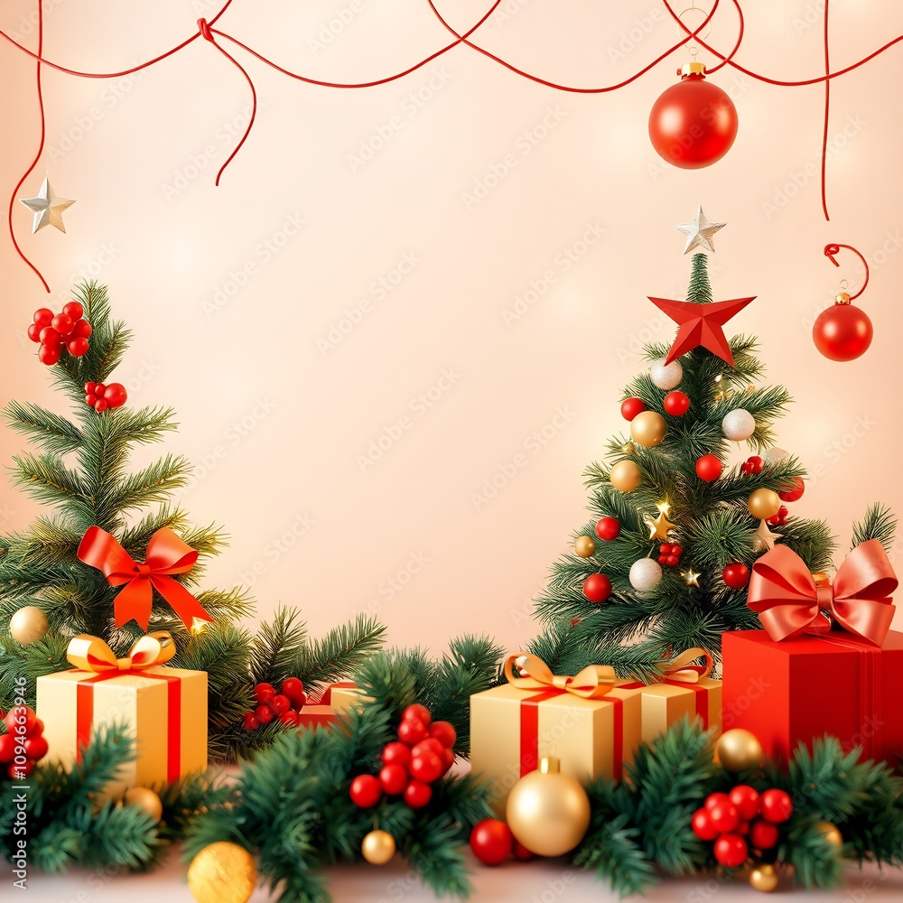 Festive Christmas scene with two decorated pine trees, gifts, and red ornaments. Festive Christmas scene with two decorated pine trees, gifts, and red ornaments.