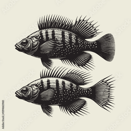 A fish head and a fish in the middle of a forest. A poster that says fish set on it.