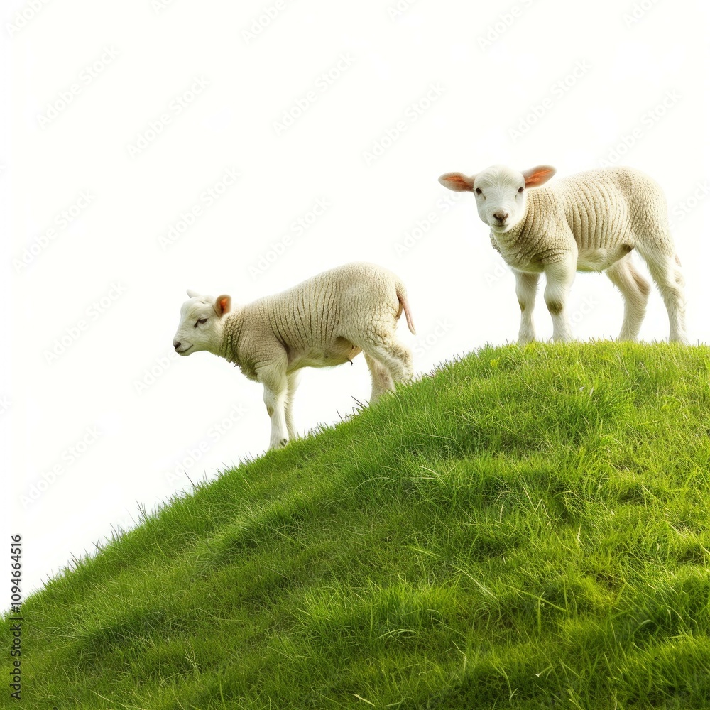Fototapeta premium Two lambs are walking on a green hill against a white background, enjoying the fresh spring air