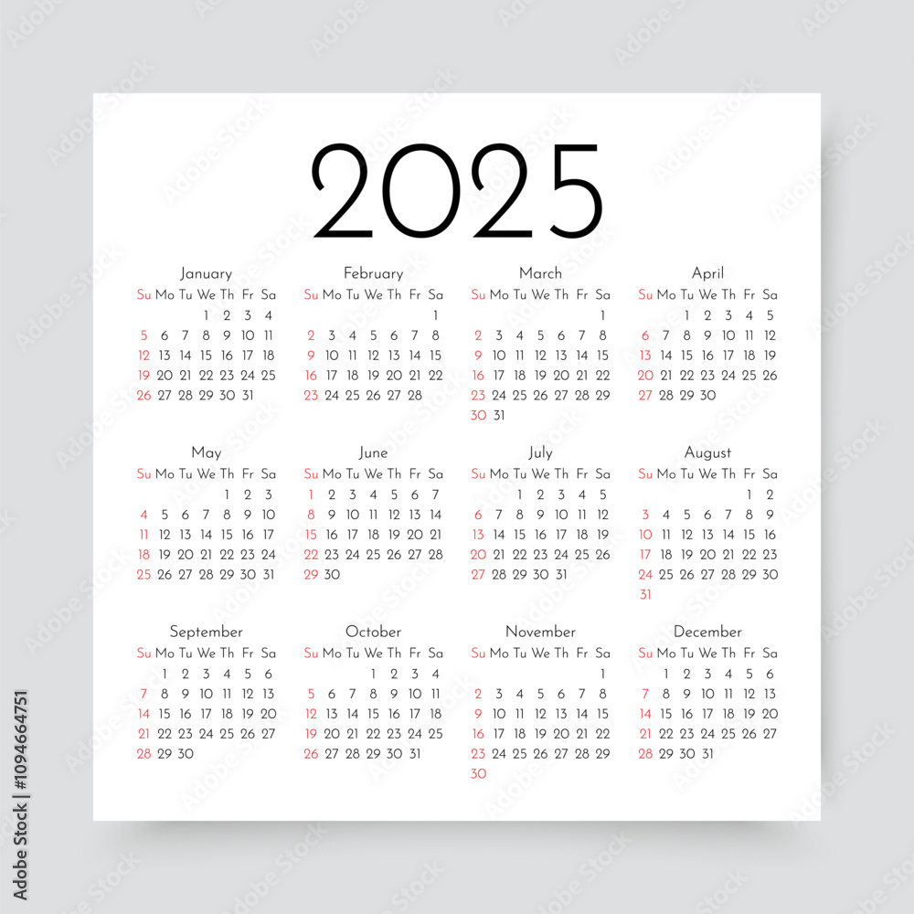 2025 calendar. Calender for year. Planner template. Yearly organizer with 12 month. Week starts Sunday. Scheduler layout. Square design in English. Pocket mockup. Vector illustration. 2025 calendar. Calender for year. Planner template. Yearly organizer with 12 month. Week starts Sunday. Scheduler layout. Square design in English. Pocket mockup. Vector illustration.
