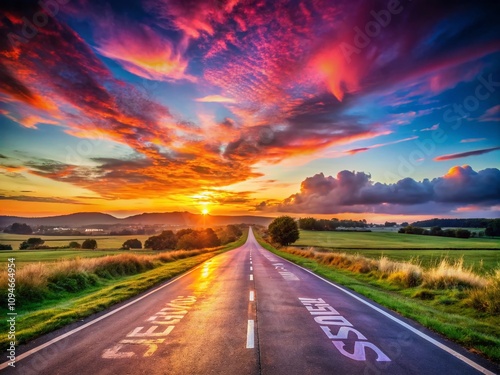 Stunning Sunset Over a Countryside Asphalt Road with a Finish Line Message on the Floor Captures the Essence of Adventure and Achievement in Nature's Embrace