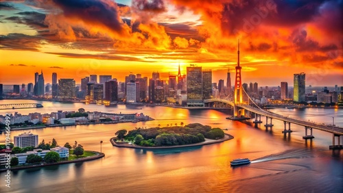 Stunning Sunset Panorama of Tokyo Bay: A Breathtaking View of the Cityscape and Water Reflections in Japan's Vibrant Capital at Dusk