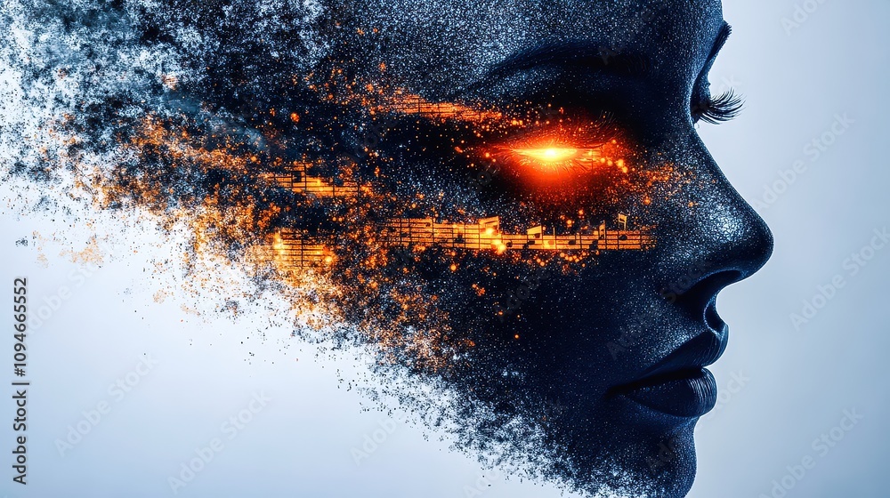 Glittering face with orange particles flowing on dark background Glittering face with orange particles flowing on dark background