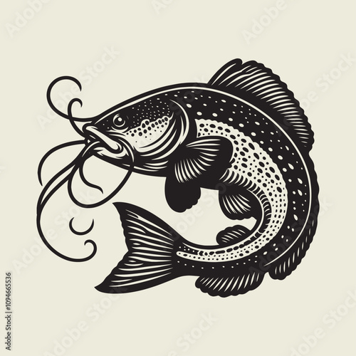 A fish head and a fish in the middle of a forest. A poster that says fish set on it.