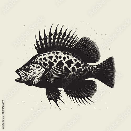 A fish head and a fish in the middle of a forest. A poster that says fish set on it.