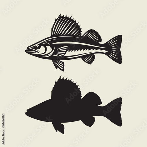 A fish head and a fish in the middle of a forest. A poster that says fish set on it.